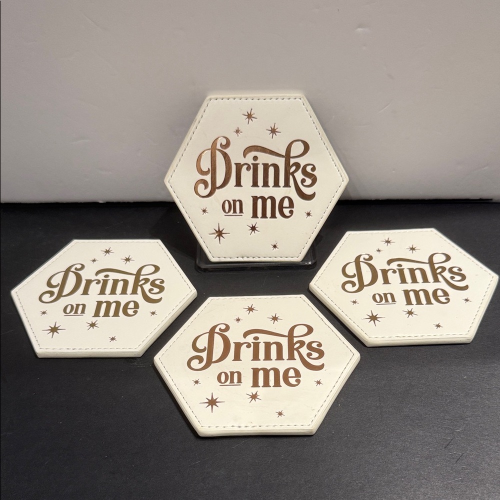 Christmas Drink Coaster Drinks on Me Hexagon soft Gold and white w/ stars 4 pack